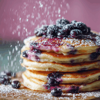 Super Simple Delicious Blueberry Pancakes dusted with icing sugar.