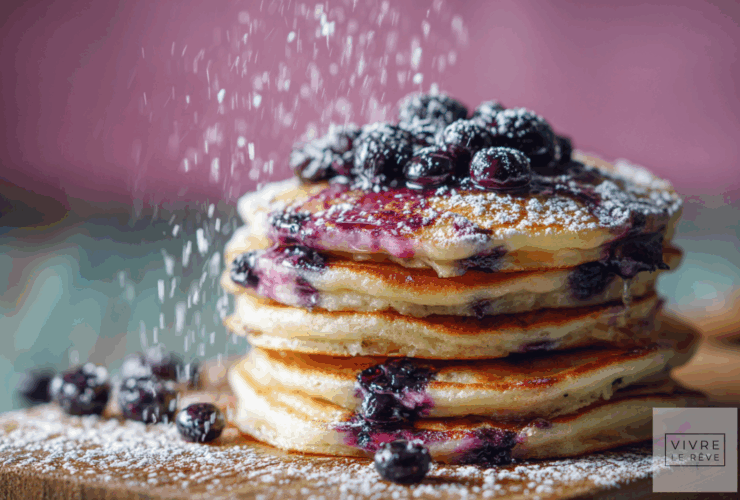 Super Simple Delicious Blueberry Pancakes dusted with icing sugar.