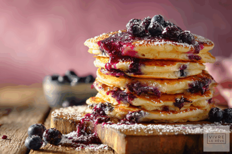 Super Simple Delicious Blueberry Pancakes dusted with icing sugar.