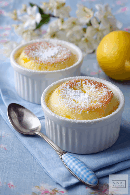lemon surprise pudding in ramekins with icing sugar