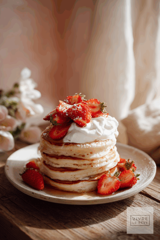 Freezer Friendly: Super Easy Thick & Fluffy Pancakes with strawberries and cream.