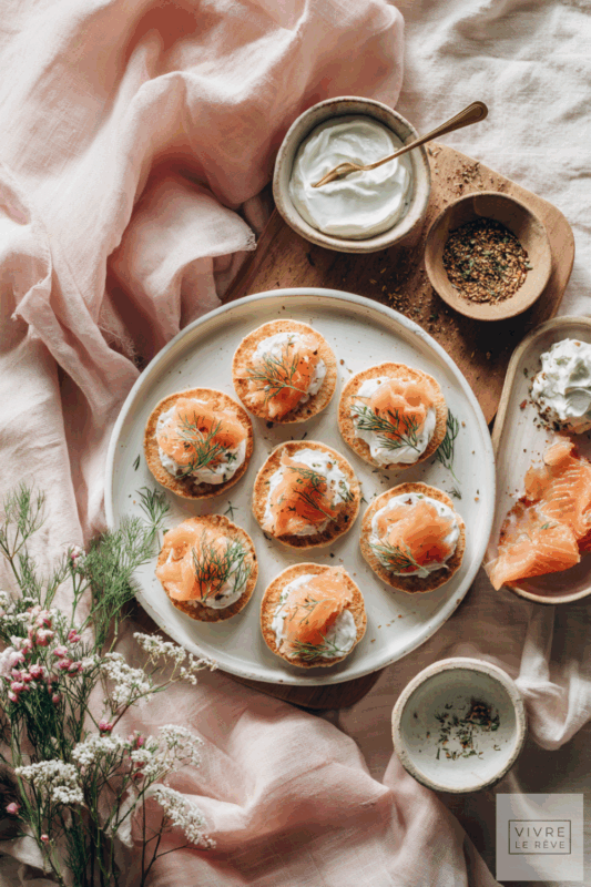 An overhead flatlay showing homemade blinis topped with crème fraîche, smoked salmon and dill, arranged on a plate with soft pink linens. An elegant serving example for How to Make Homemade Blinis.