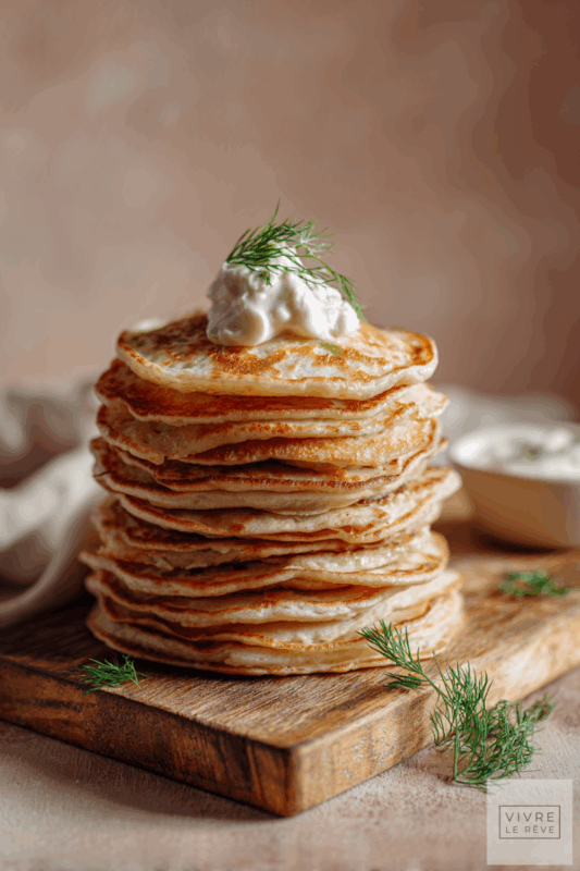 A tall stack of golden homemade blinis on a rustic wooden board, topped with crème fraîche and dill to show How to Make Homemade Blinis.