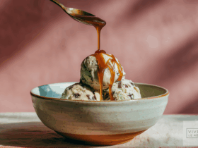 Mint chocolate chip ice cream in a bowl with salted caramel sauce showing The Science of Caramel: Stages & Technique