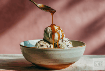 Mint chocolate chip ice cream in a bowl with salted caramel sauce showing The Science of Caramel: Stages & Technique