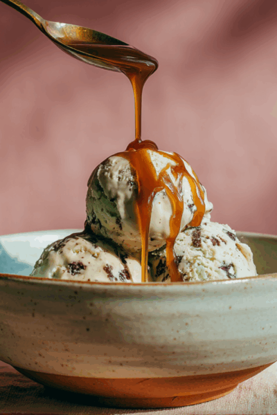 Mint chocolate chip ice cream in a bowl with salted caramel sauce showing The Science of Caramel: Stages & Technique