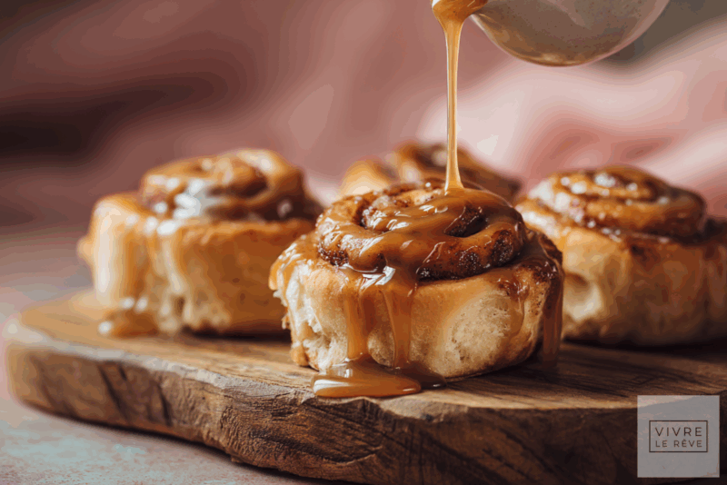 Cinnamon rolls with caramel sauce showing How to Make Caramel Sauce That Doesn’t Harden.