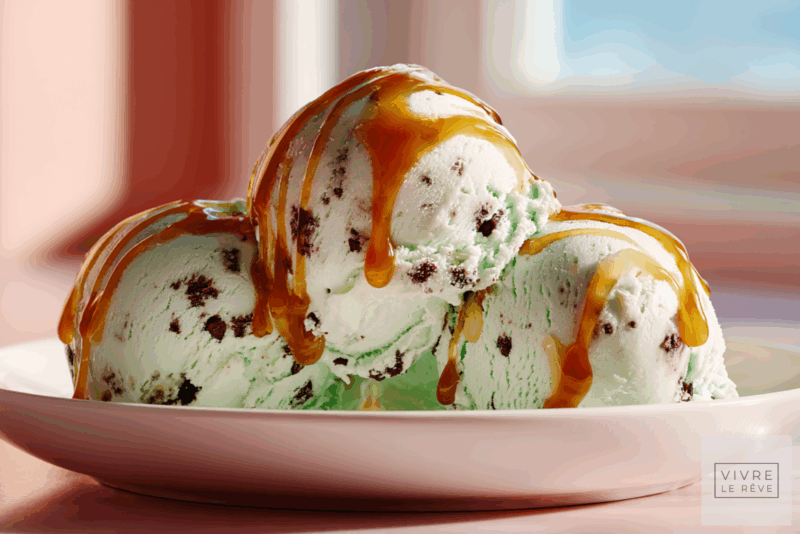 Mint chocolate chip ice cream in a bowl with salted caramel sauce showing The Science of Caramel: Stages & Technique