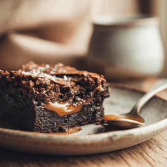 Salted Caramel Brownie on a plate showing how to make Salted Caramel Brownies