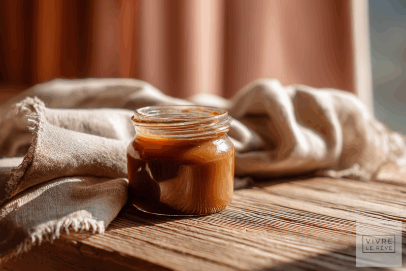Salted caramel sauce in a jar showing The Science of Caramel: Stages & Technique.