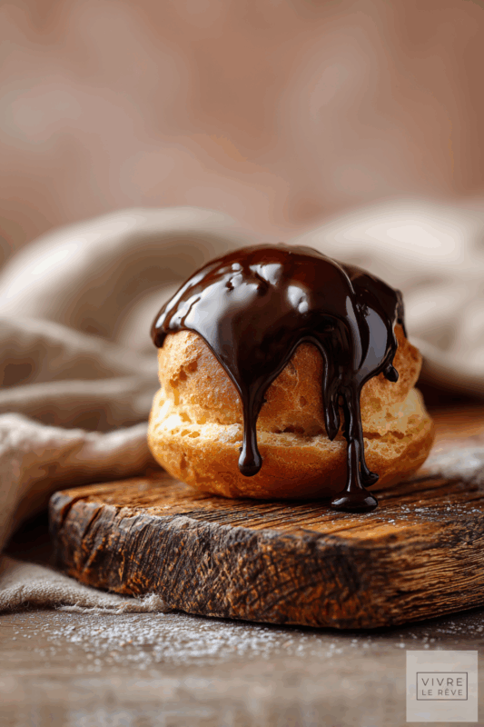 A picture of a chocolate profiterole showing how to make Easy Chocolate Profiteroles with Chocolate Sauce.