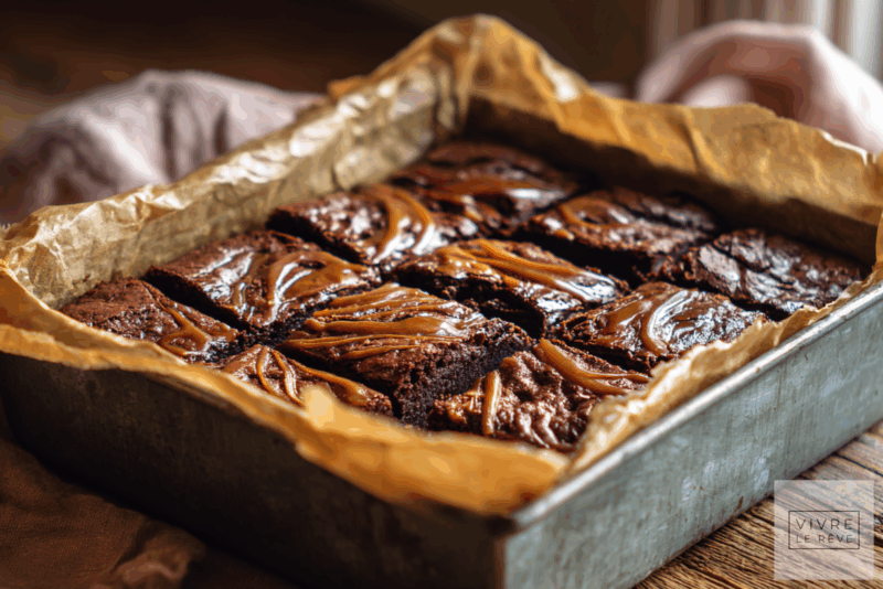 Salted Caramel Brownies in baking tray.
