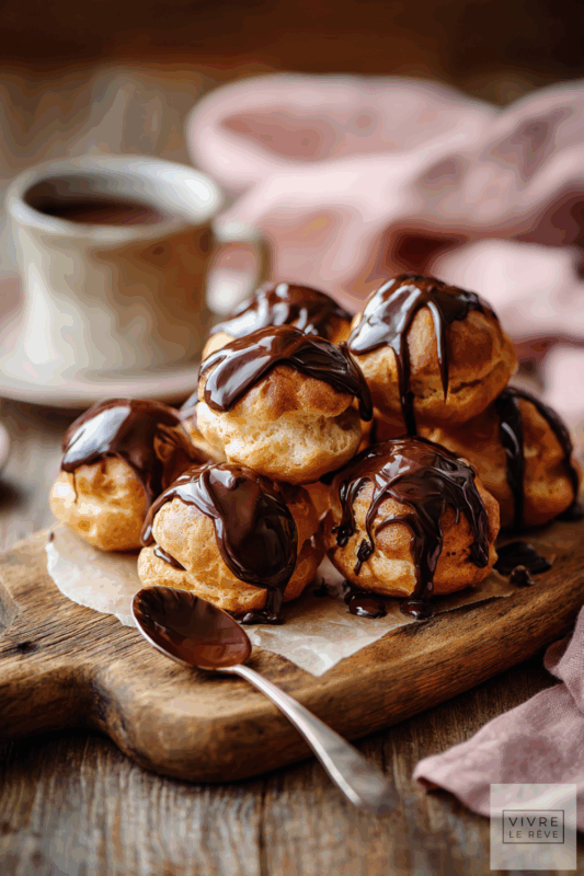 A stack of chocolate profiteroles showing how to make Easy Chocolate Profiteroles with Chocolate Sauce.
