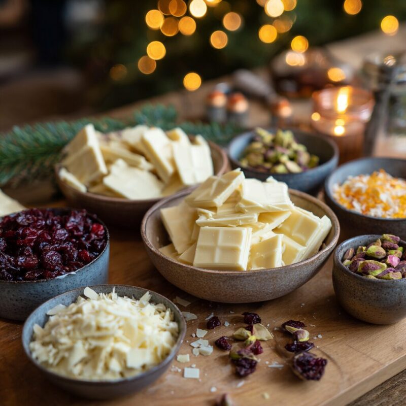 Bowls of white chocolate, dried cranberries, pistachios, nuts and orange zest arranged on a rustic wooden table with soft festive lights behind.