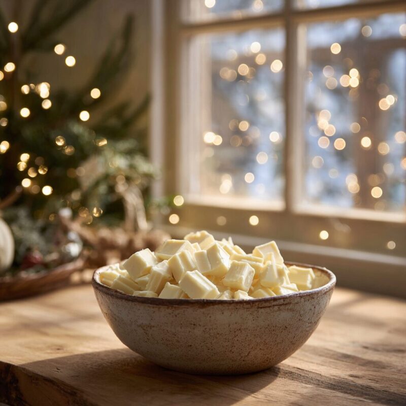 A bowl filled with chunks of creamy white chocolate, ready to be melted for making cranberry and white chocolate bark.