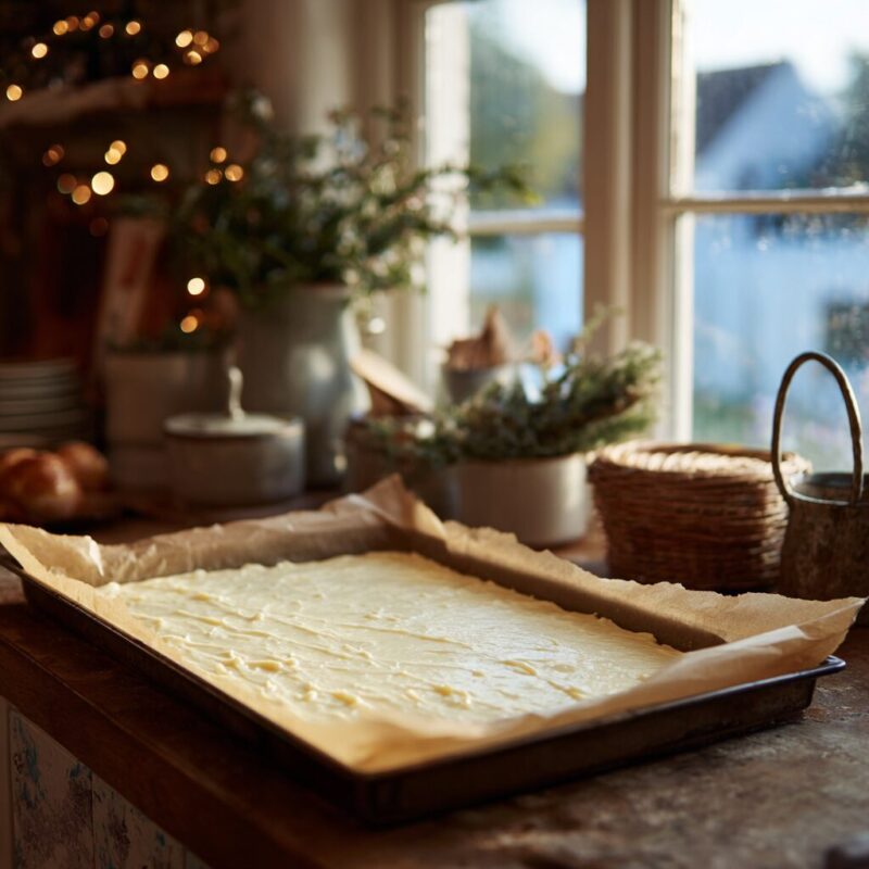 A baking tray lined with parchment paper spread with melted white chocolate in a cosy cottage kitchen setting.