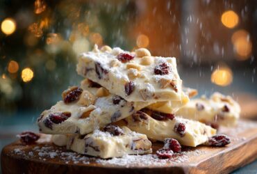 Stacked pieces of white chocolate bark topped with dried cranberries and nuts, dusted with icing sugar on a rustic wooden board with warm festive lights in the background.
