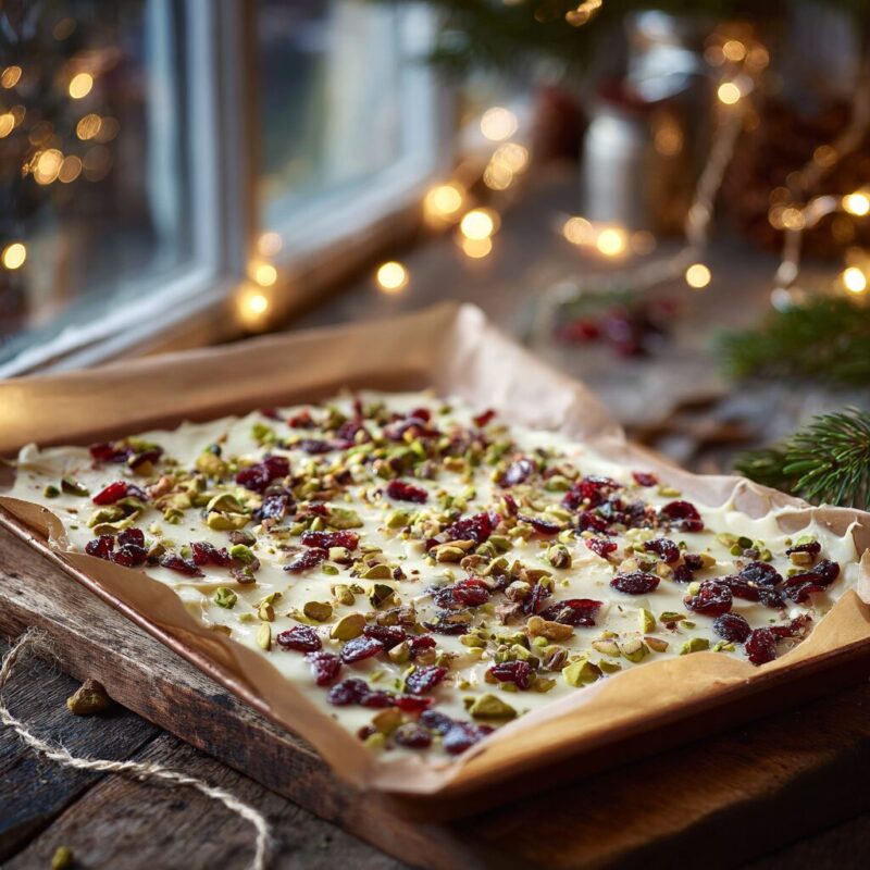 A tray of melted white chocolate sprinkled with dried cranberries and chopped pistachios resting by a cottage window with festive lights.