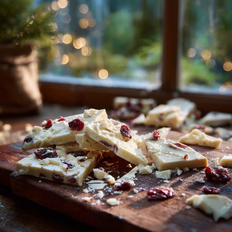 Rustic wooden board with broken shards of white chocolate bark, cranberries and nuts scattered around, soft winter light coming through the window.