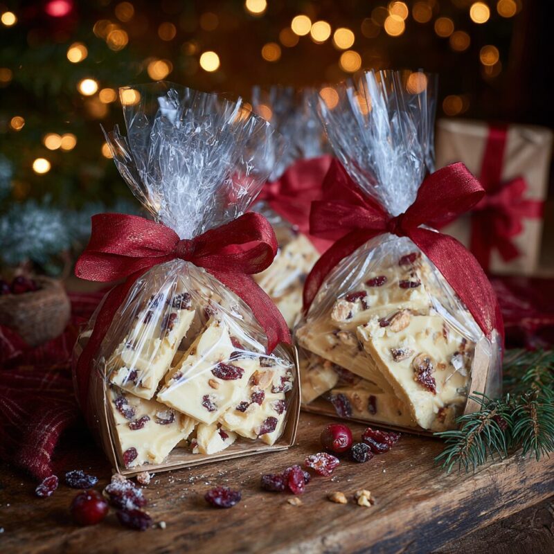Homemade white chocolate cranberry bark packaged in clear cellophane bags tied with red bows, ready as cosy festive gifts.