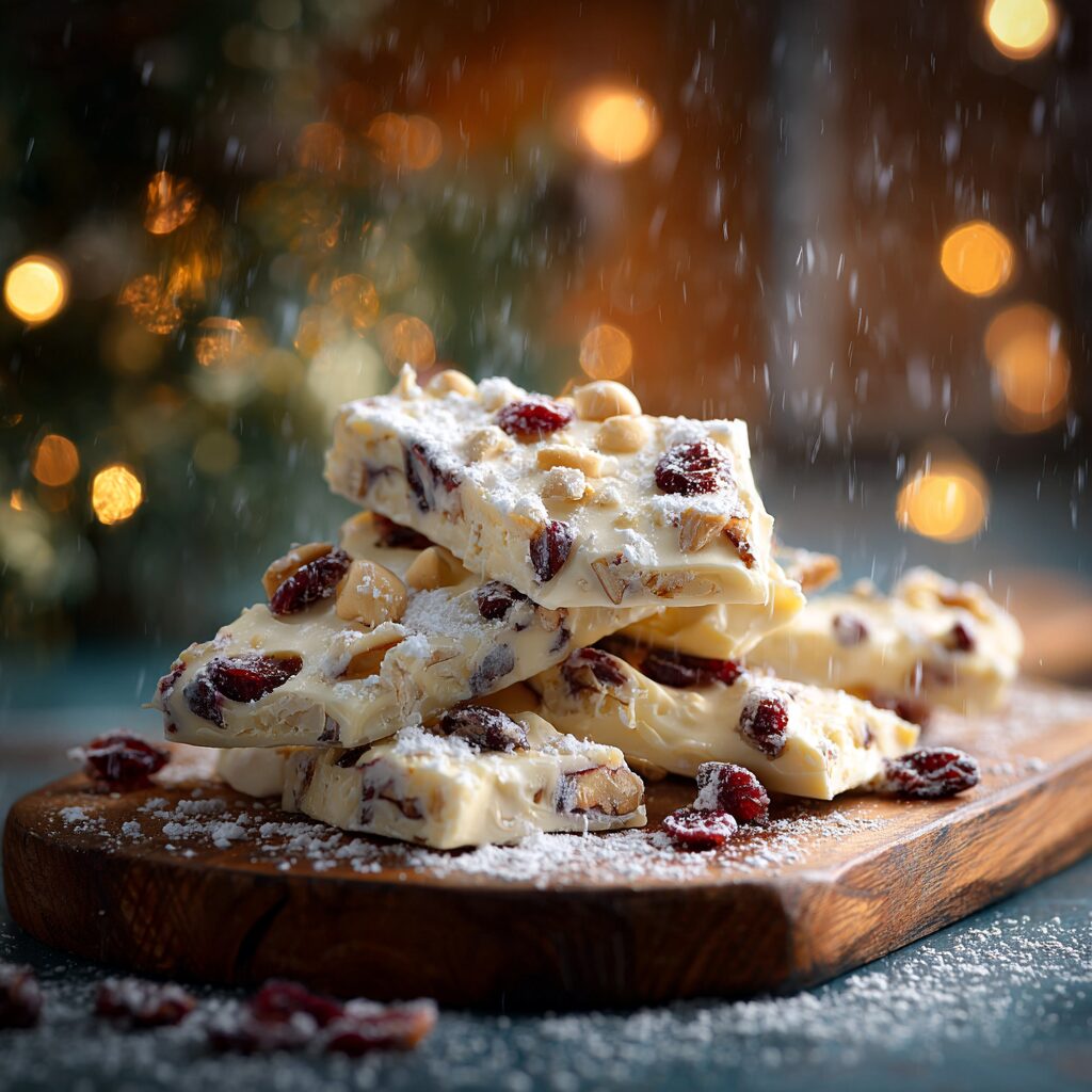 Stacked pieces of white chocolate bark topped with dried cranberries and nuts, dusted with icing sugar on a rustic wooden board with warm festive lights in the background.