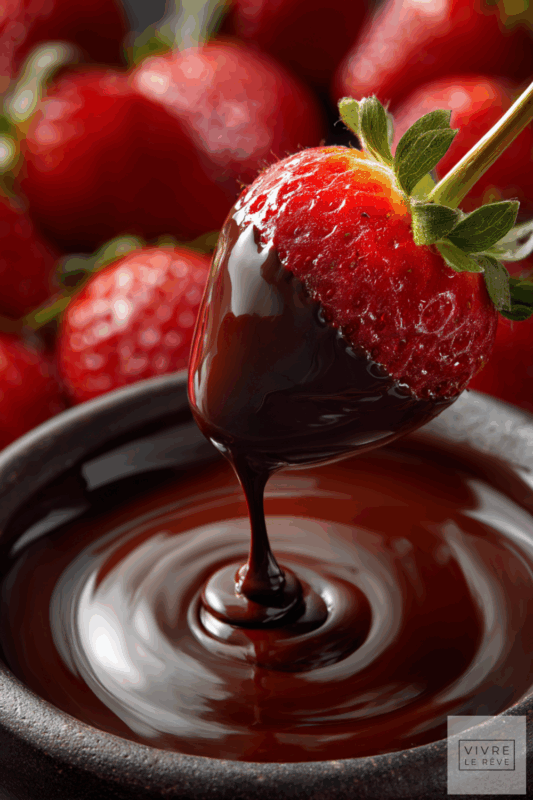 Strawberry dipped in chocolate showing how to temper chocolate without a thermometer.