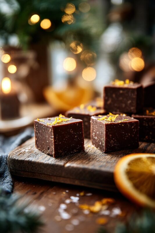 Homemade orange chocolate fudge squares topped with orange zest and displayed on a rustic wooden board.