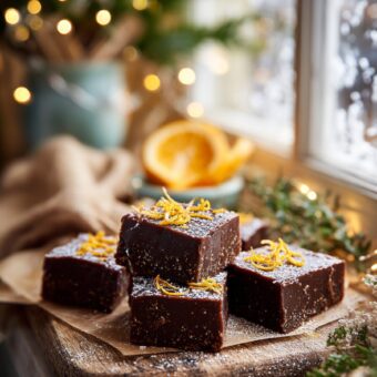 Homemade orange chocolate fudge squares topped with orange zest and dusted with icing sugar, displayed on a rustic wooden board.