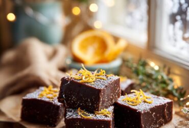 Homemade orange chocolate fudge squares topped with orange zest and dusted with icing sugar, displayed on a rustic wooden board.