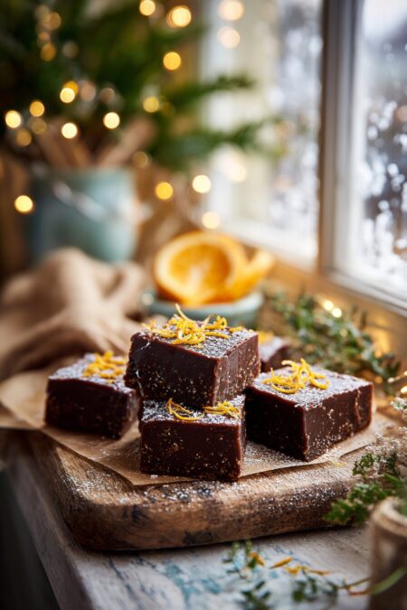 Homemade orange chocolate fudge squares topped with orange zest and dusted with icing sugar, displayed on a rustic wooden board.