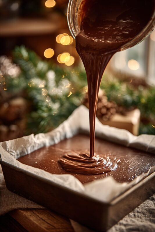 Orange chocolate fudge being poured into a lined tin.