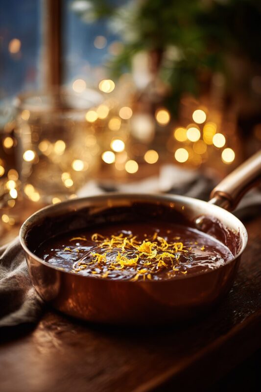 Orange chocolate fudge with orange zest in saucepan