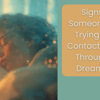 A woman sleeping peacefully in soft golden and teal dreamlike light, surrounded by glowing bokeh and an ethereal atmosphere, symbolising signs someone is trying to contact you through dreams.