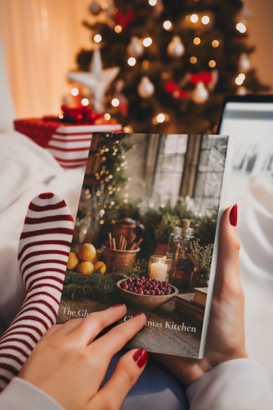 Cosy Christmas scene with a person holding The Gluten-Free Christmas Kitchen cookbook in front of a softly lit Christmas tree.