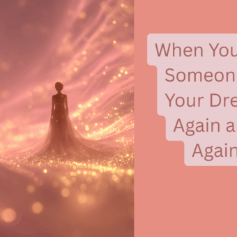 Romantic surreal scene of two figures standing in a glowing, dreamy pink landscape with floating lights, symbolising emotional connection and recurring dreams; conceptual artwork illustrating “When You See Someone in Your Dream Again and Again.”